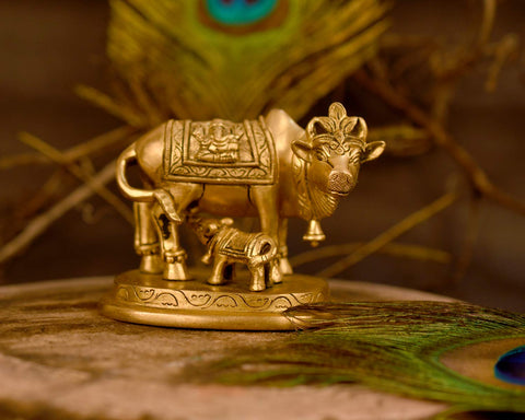 Brass Kamdhenu Cow And Calf Idol Statue C0ABS106