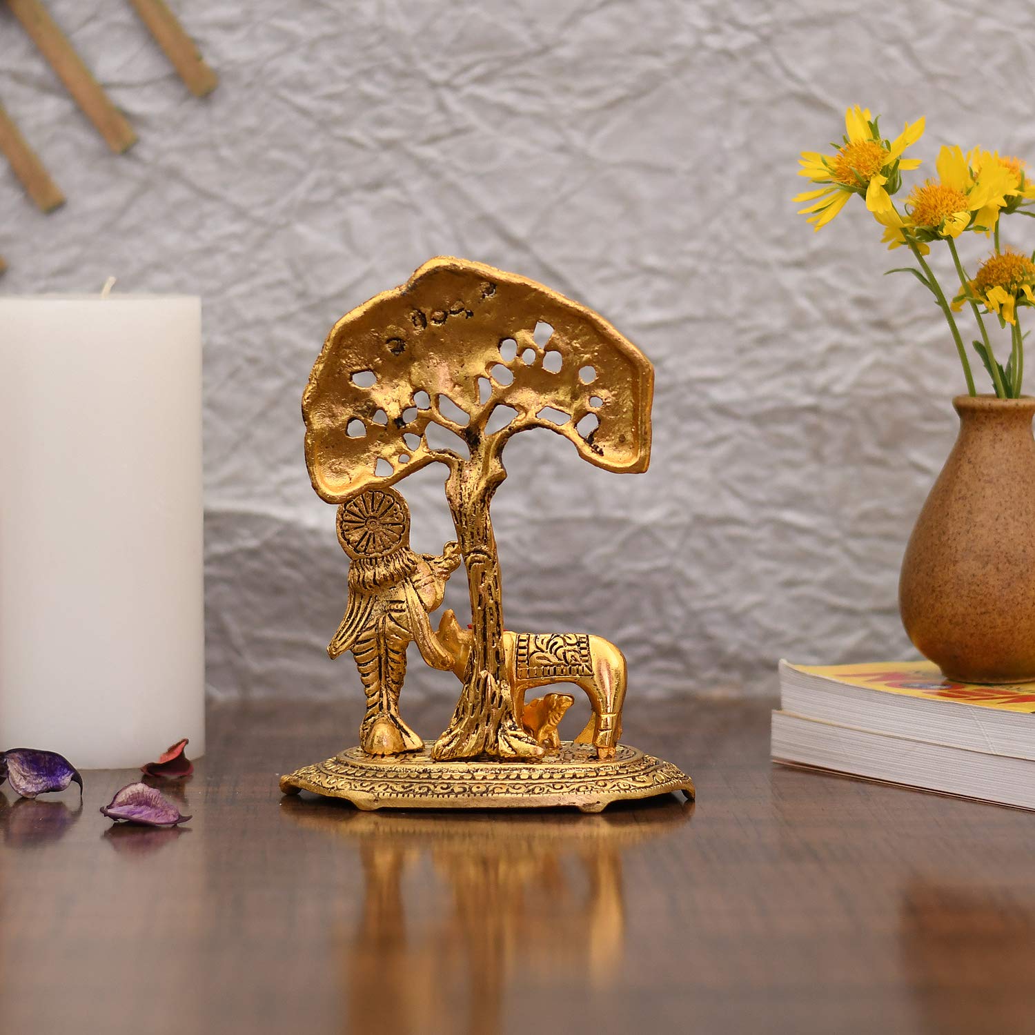 Metal Standing Krishna Playing Flute With Kamdhenu Cow Idol Statue Kbs144