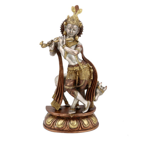 Brass Standing Flute Playing Krishna With Cow Nandi Statue