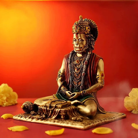 Resin Lord Hanuman Meditating Statue (Gold Finish)