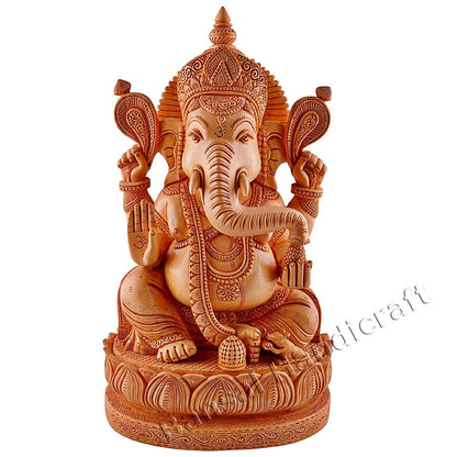 Wooden Idol of Ganpati Sitting on Lotus Pedestal Sculpture 
