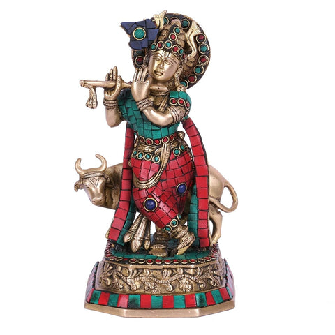 Flute Krishna With Cow Figurine Kts116