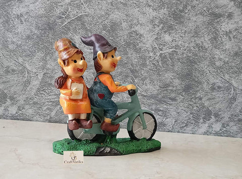 Cute Romantic Love Couple On Cycle Miniature Statue