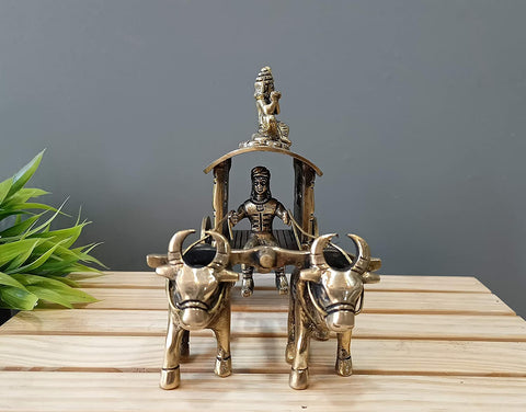 Brass Krishna & Arjuna Bullock Cart Rath Chariot Decorative Showpiece Statue