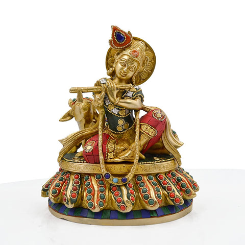 Statue of Lord Krishna Sitting with Cow KTS124