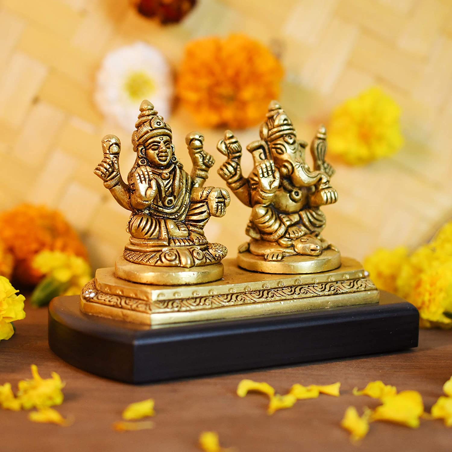 Brass Laxmi Ganesha Idol Murti Sitting On Wooden Base Statue