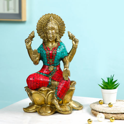 Brass Lakshmi Ji Idol Sitting On Lotus Pedestal Statue Showpiece 