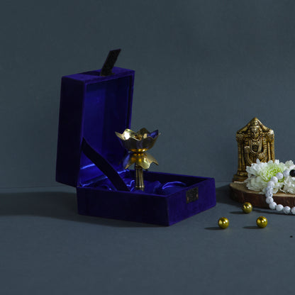 Lotus Brass Diya Stand with Velvet Blue Box for Gifting