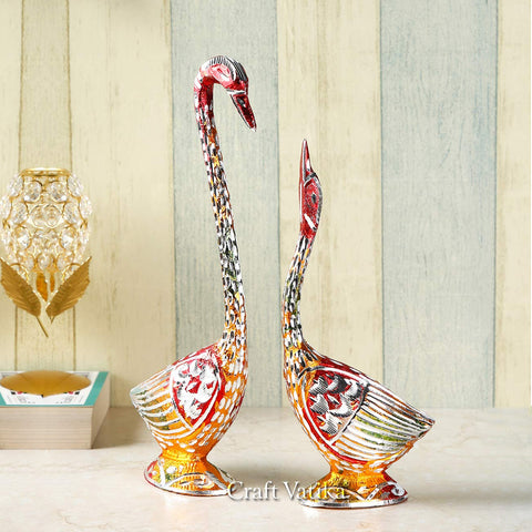 Metal Kissing Duck Swan Love Couple Bird Pair Statue Set