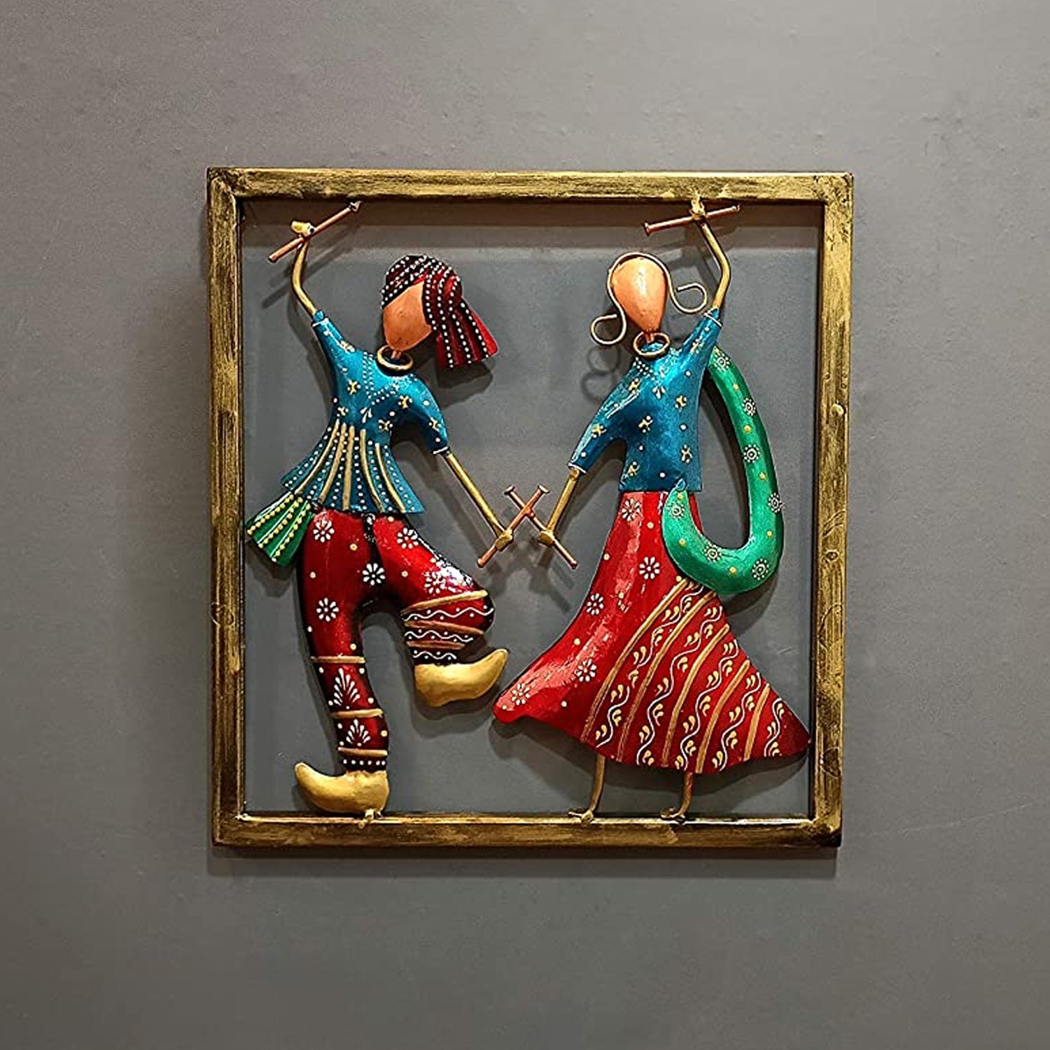 Couple Playing Dandiya Metal Wall Hanging Frame