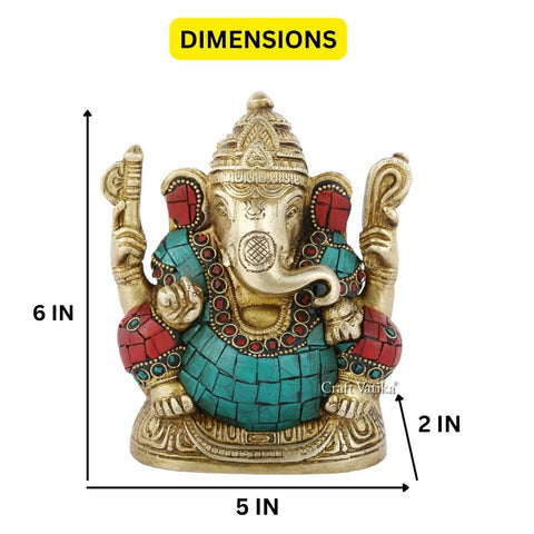 Brass Ganesha Statue With Turquoise Stone Inlay Work Gts253