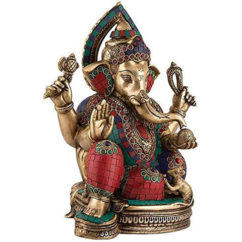 Brass Blessing Ganesh Idol Statue With Turquoise Stone