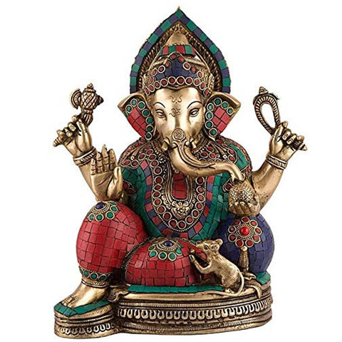 Brass Blessing Ganesh Idol Statue With Turquoise Stone