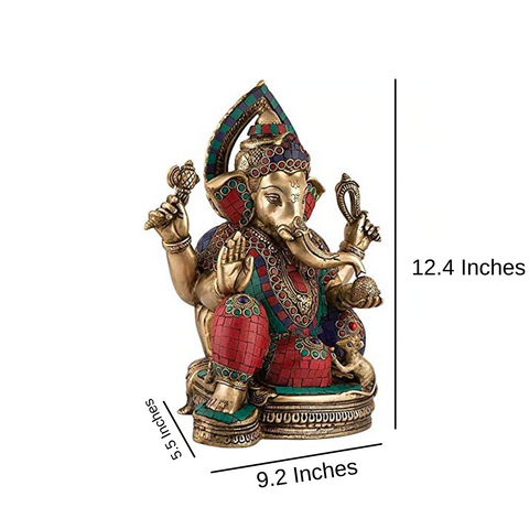 Brass Blessing Ganesh Idol Statue With Turquoise Stone