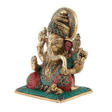 Brass Blessing Ganesh Idol Statue With Turquoise Stone
