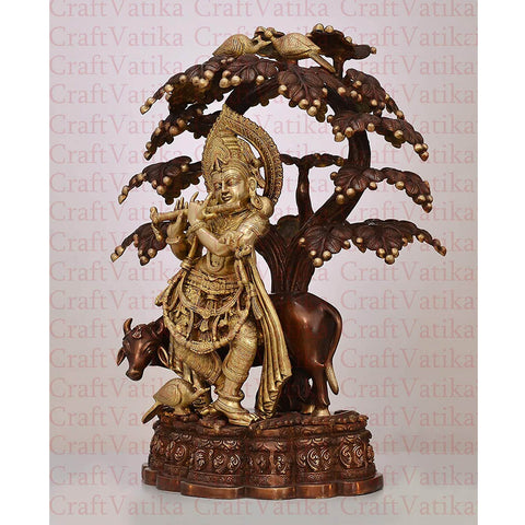 Krishna Playing Flute With Cow Under The Tree Decorative Idol Showpiece Kbs156