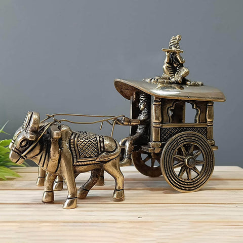 Brass Krishna & Arjuna Bullock Cart Rath Chariot Decorative Showpiece Statue 