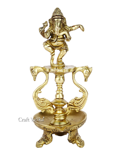 Brass Dancing Ganesh With Diya Oil Lamp Statue Gbs196