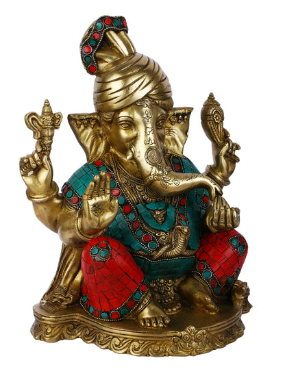 Brass Blessing Pagdi Ganesh Idol Statue With Colorful Stones Gts201