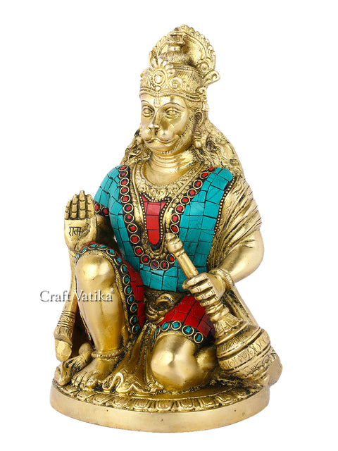 Brass Hanuman Murti In Blessing Sculpture With Gada Statue Hts116