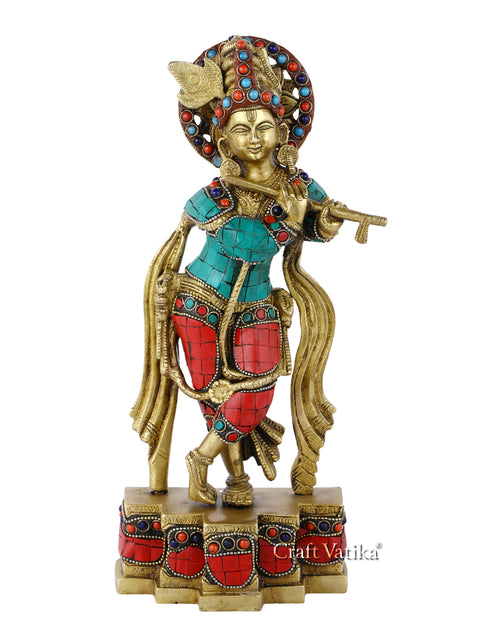 Brass Standing Flute Playing Krishna Statue Kts107