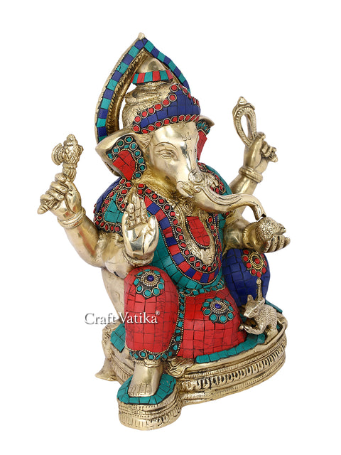 Brass Blessing Ganesh Idol Statue With Turquoise Stone Gts221