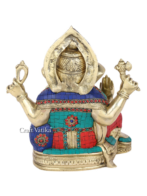 Brass Blessing Ganesh Idol Statue With Turquoise Stone Gts221