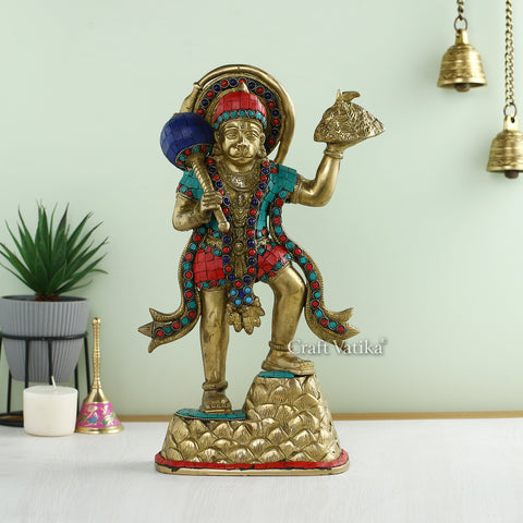 Lord Hanuman Holding The Mountain Of Sanjeevani Herbs Brass Statue Hts109