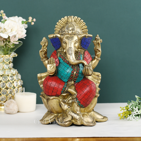 Brass Blessing Ganesh Idol Sitting On Lotus Statue Gts158