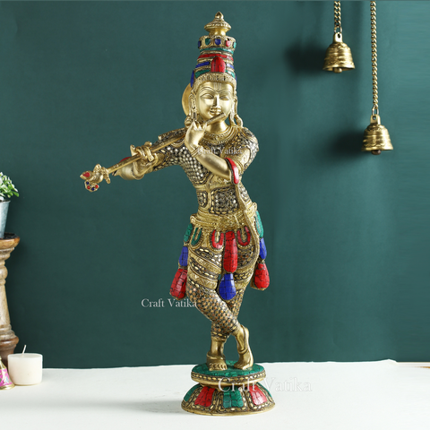 Large Handmade Brass Krishna Idol, 23 Inches Height Kts123