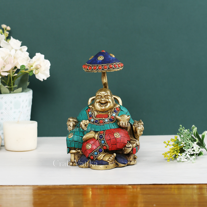 Brass Laughing Buddha Statue Sitting Under Umbrella-Bts198